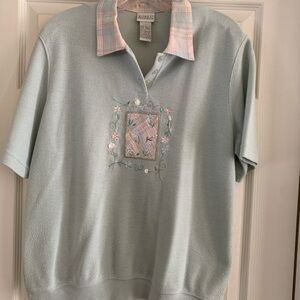 Koret Pastel Sea Mist Polo with Plaid Collar and Floral Embroidery